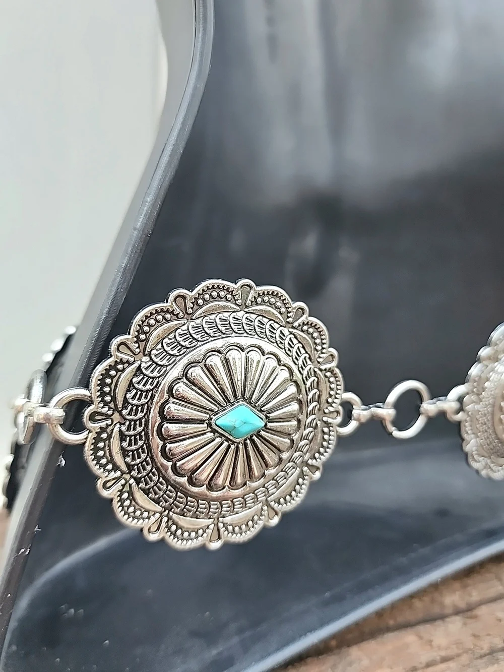 Silver Concho Chain Waist Belt with Turquoise Stone Accents